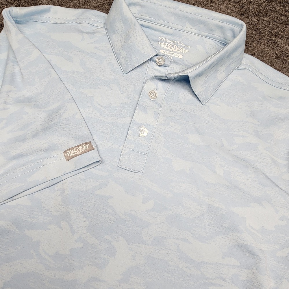 Straight Down Mens Performance Golf Polo Shirt Blue Clouds Camo Pattern Medium